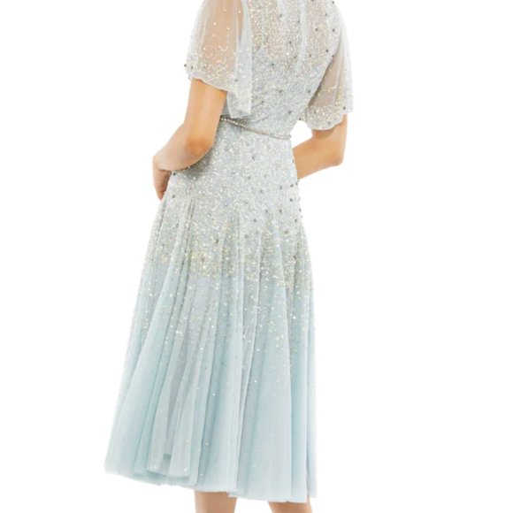 MAC DUGGAL 93655 SEQUIN & CRYSTAL RUFFLE SLEEVE POWDER BLUE MIDI DRESS sz 14 - Picture 5 of 5